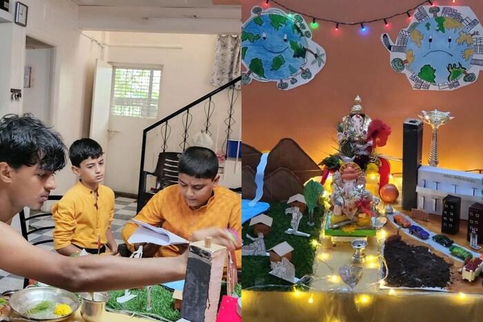 "आनंदी पृथ्वी आणि दुःखी पृथ्वी" असा देखावा सुबोधच्या मुलांनी आणि पुतण्यानं बनवला आहे.  