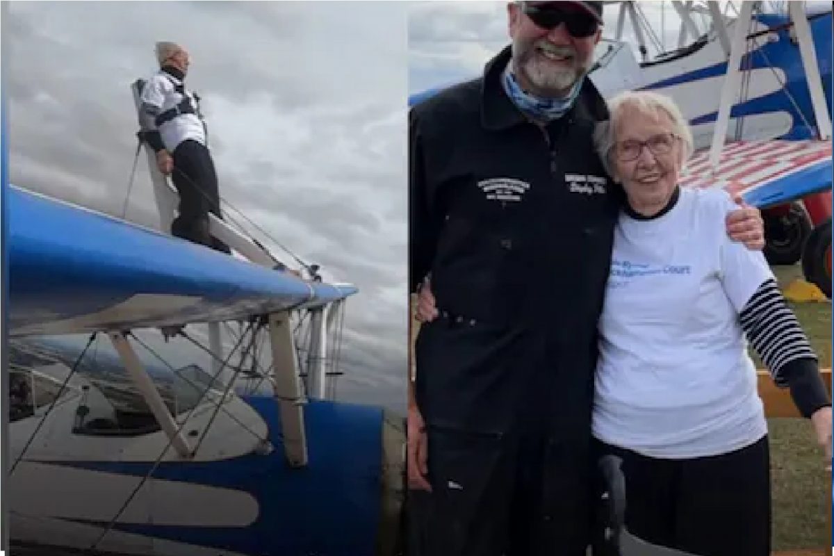 OMG! उडत्या विमानाच्या छतावर उभी राहिली 93 वर्षांची आजी, हजारो फूट उंचावर खतरनाक स्टंट; Watch Video