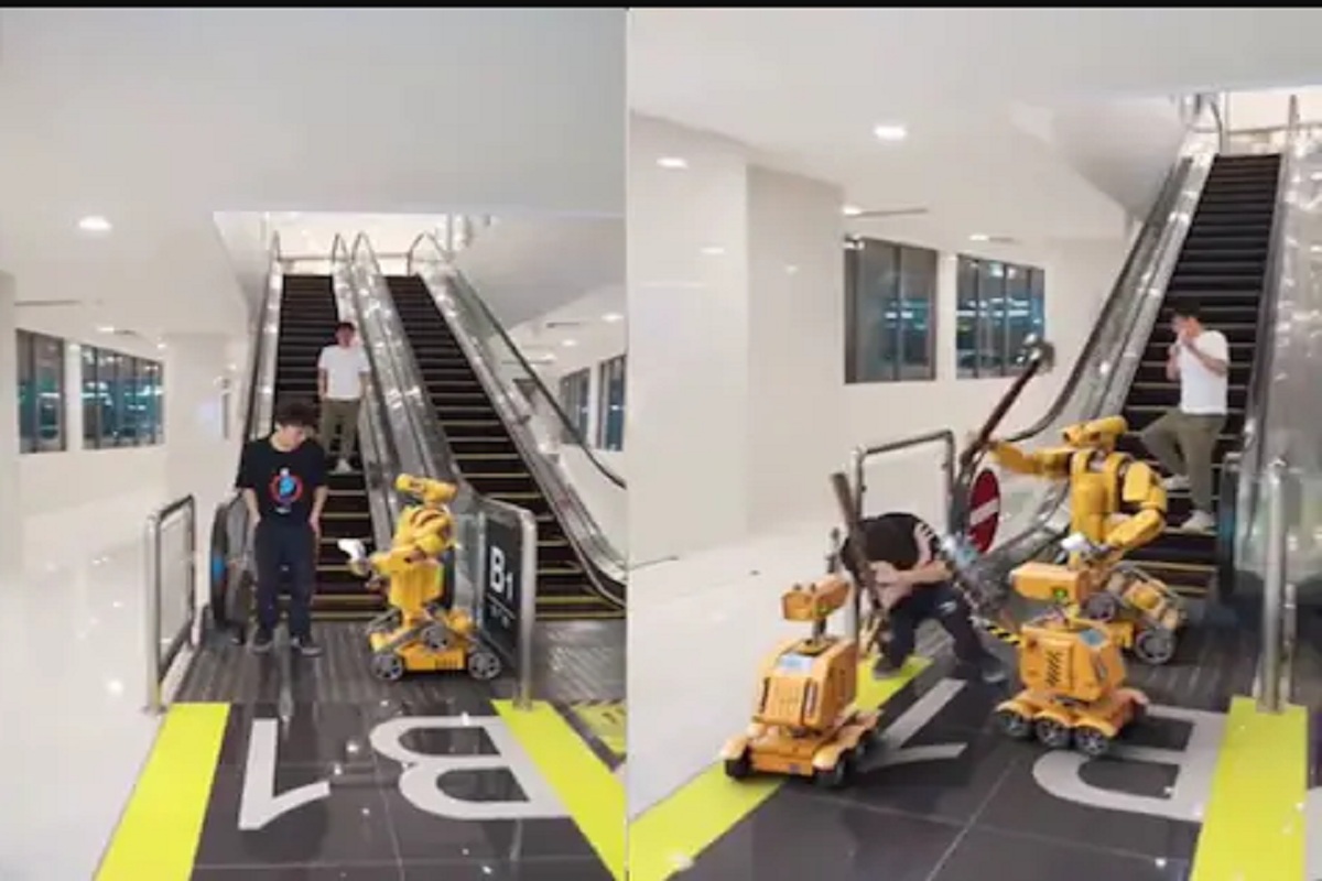 Video: मशीन समजून रोबोला लाथ मारणं तरुणाला पडलं महागात; 3 रोबोंनी घेरून केली चांगलीच धुलाई