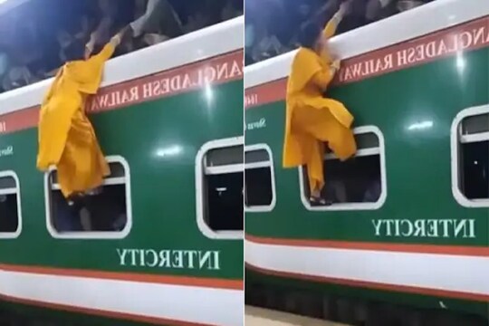 प्रवाशांनी भरलेल्या ट्रेनमधून प्रवास करण्यासाठी महिलेचा जीवघेणा प्रयत्न; तिने असं काय केलं? पाहा Video