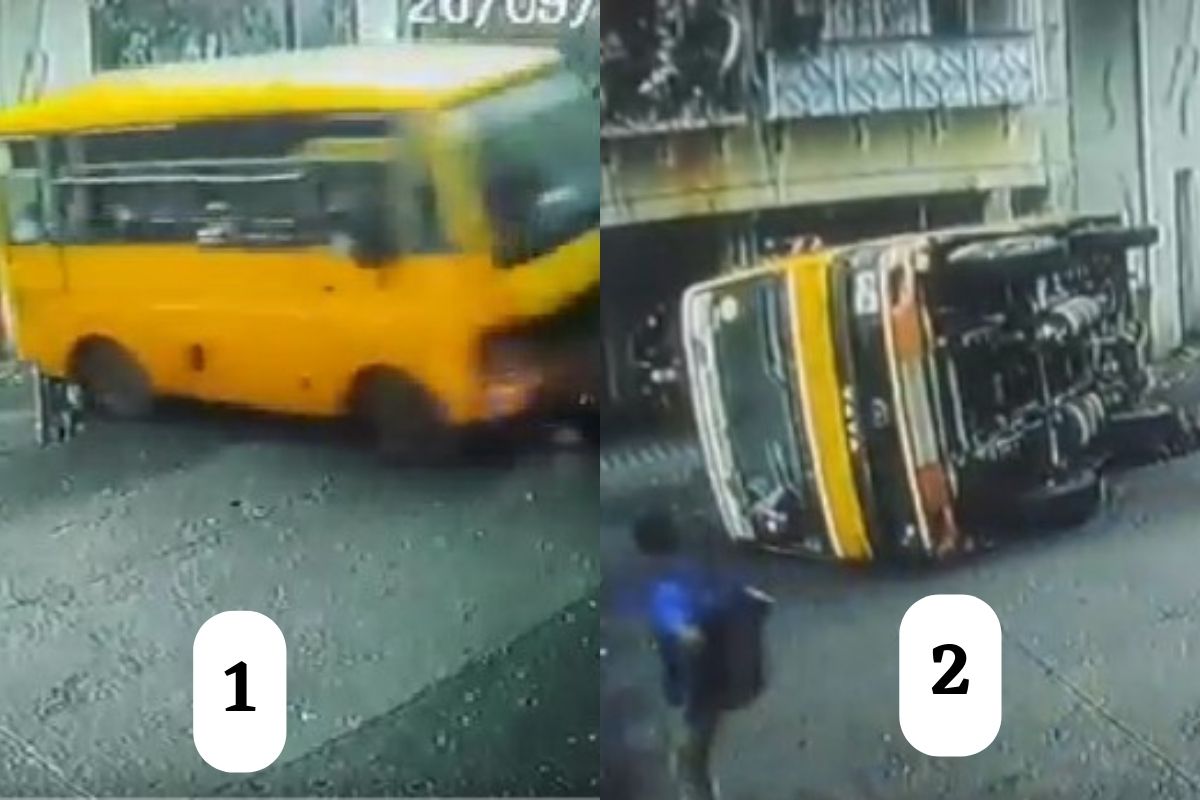 सर्वांच्या डोळ्यांसमोर विद्यार्थ्यांना घेऊन जाणारी स्कूल बस उलटली; काळजाचा ठोका चुकवणारा Video