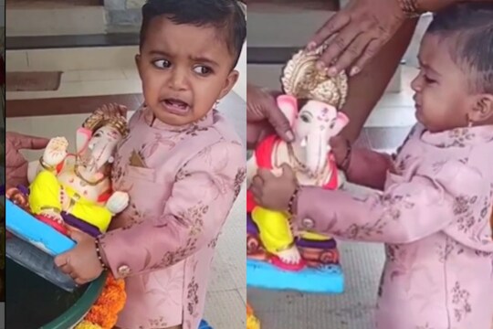 विसर्जनाची वेळ, चिमुरड्याने घर घेतलं डोक्यावर पण बाप्पाला सोडेना; डोळ्यात पाणी आणणारा Video 