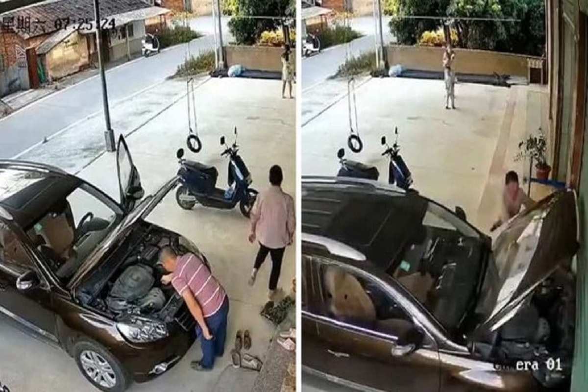 Car मालकासोबत घडला धक्कादायक प्रकार, दुरुस्त करताना गाडी सुरु झाली आणि... VIDEO व्हायरल