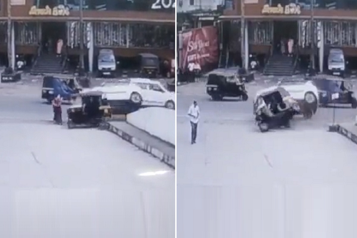 भरधाव कारने ऑटोला दिली धडक, रस्त्यावरुन चालणारी महिला दोघांमध्ये अडकली पण... धक्कादायक Video Viral