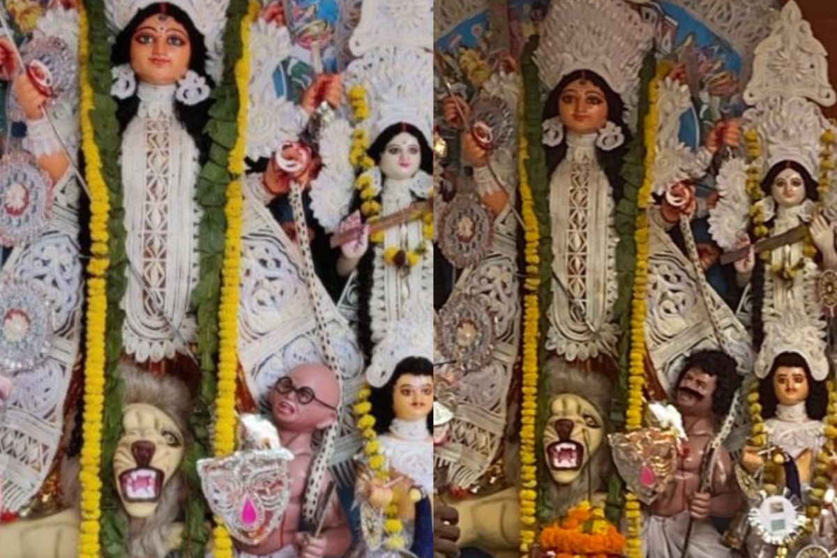 दुर्गा पूजा मंडपात महात्मा गांधींना बनवलं महिषासूर? मूर्तीवरुन मोठा वाद होताच केला हा बदल