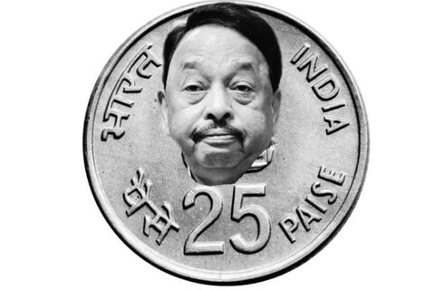 25 पैशांच्या नाण्यावर नारायण राणेंचा मॉर्फ केलेला फोटो लावण्यात आला आहे.