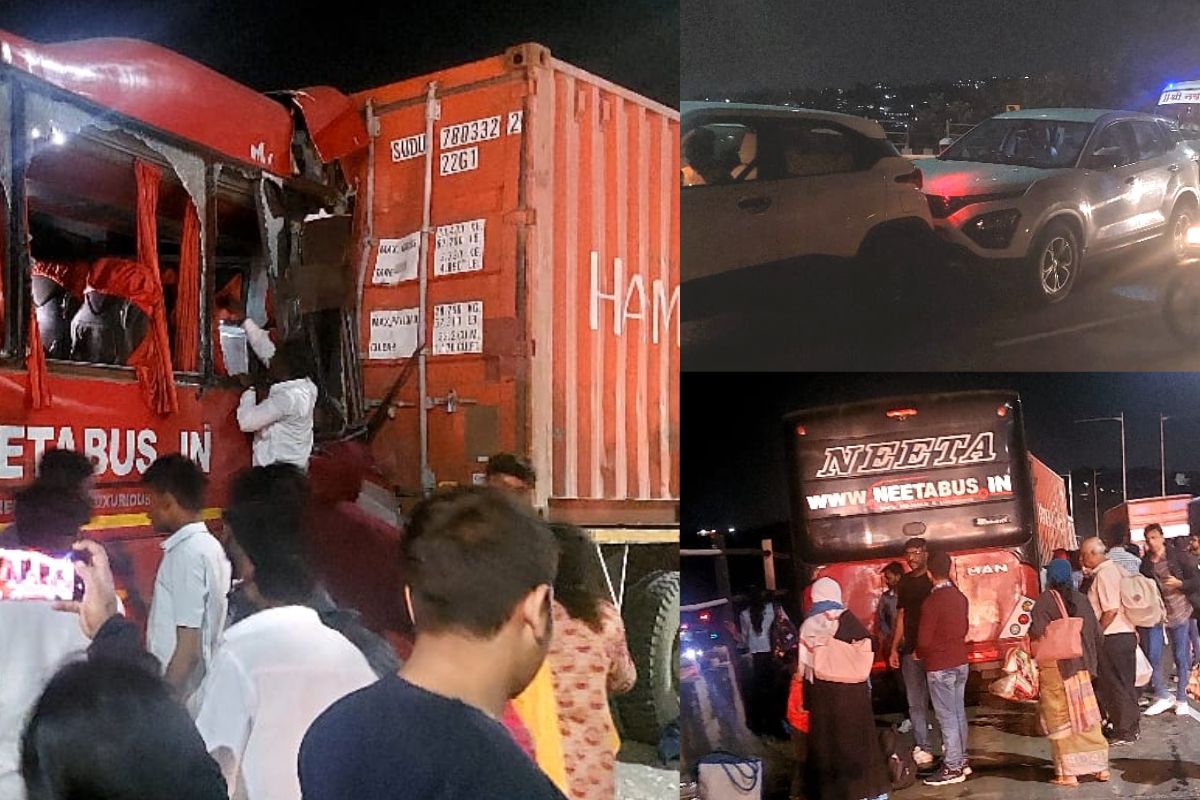 लक्झरी बस, कार आणि कंटेनर ट्रकसह 9 वाहनं एकमेकांना धडकली. या अपघातात 15 जण जखमी झाले.