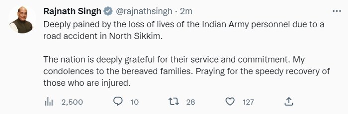 याअपघातानंतर संरक्षण मंत्री राजनाथ सिंह म्हणाले की, एन. सिक्कीममध्ये झालेल्या एका रस्ते अपघातात भारतीय लष्कराच्या जवानांच्या जीवितहानीमुळे "खूप दुःख" झाले आहे. त्यांच्या सेवेबद्दल आणि वचनबद्धतेबद्दल देश मनापासून कृतज्ञ आहे. शोकग्रस्त कुटुंबियांना माझ्या संवेदना; जखमी लवकर बरे व्हावेत, अशी प्रार्थनाही त्यांनी केली..