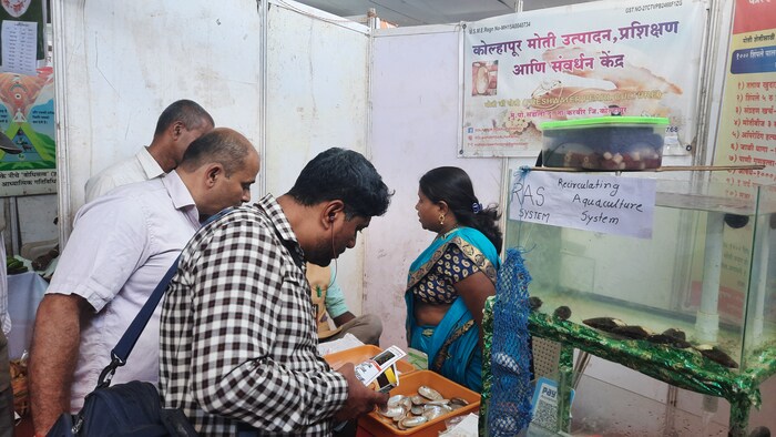 कोल्हापूर मोती उत्पादन, प्रशिक्षण आणि संवर्धन केंद्र यांच्यावतीने शेतकऱ्यांना मोत्याची शेती कशी फायदेशीर आहे याची माहिती देण्यात येत होती.