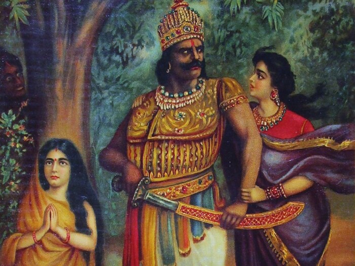 रामायणाची दुसरी आवृत्ती देवीभार्गव पुराणात नमूद आहे की, मंदोदरीच्या सौंदर्याने मोहित झालेल्या रावणाने जेव्हा तिच्याशी लग्न करण्याचा विचार केला, तेव्हा त्याला इशारा देण्यात आला होता की, या विवाहातून जन्मलेले पहिले अपत्य त्याच्या नाशाचे कारण असेल. रावणाने या इशाऱ्याकडे दुर्लक्ष केलं आणि त्यानं मंदोदरीशीच लग्न केलं. नंतर तिच्या पोटी जन्मलेल्या पहिल्या अपत्याला स्वतः रावणाने कुरुक्षेत्रात जमिनीत गाडले. हे बालक सीता बनले आणि रावणाच्या मृत्यूचे कारण बनले. (विकी कॉमन्स)