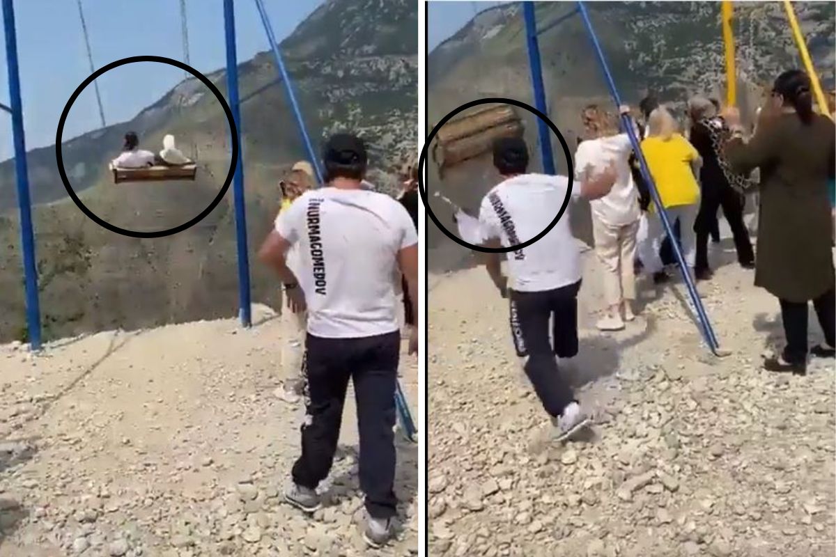 उंच डोंगरावर झोका घेणं भोवलं; साखळी तुटली अन् थेट खोल दरीत कोसळलं जोडपं; थरारक घटनेचा Live Video