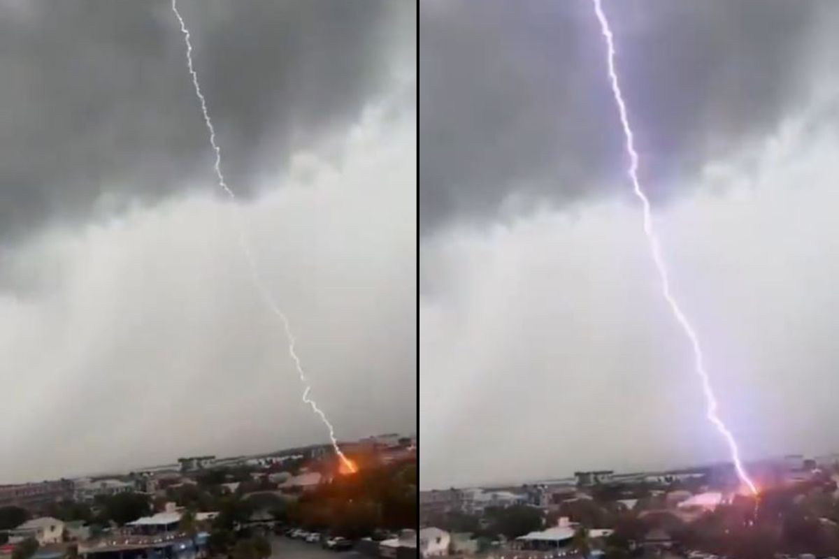 अवघ्या 2 सेकंदात एकाच ठिकाणी चारवेळा कोसळली वीज, अन् मग...; कॅमेऱ्यात कैद झालं भीतीदायक दृश्य..VIDEO