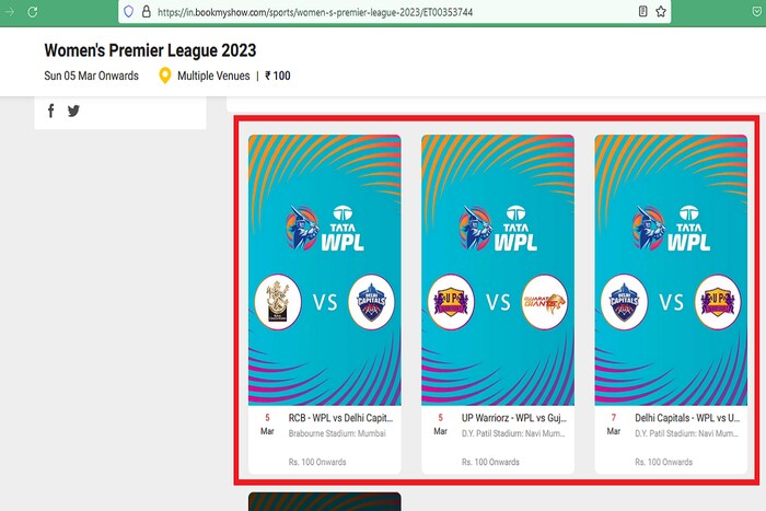 त्यानंतर ओपन होणाऱ्या Window मध्ये तुम्हाला WPL 2023 मध्ये होणाऱ्या सामन्यांचे वेळापत्रक प्राप्त होईल. त्यानंतर ओपन होणाऱ्या Window मध्ये तुम्हाला WPL 2023 मध्ये होणाऱ्या सामन्यांचे वेळापत्रक प्राप्त होईल. त्यापैकी तुम्हाला कोणत्या सामन्याचे तिकीट काढायचे आहे त्यावर तुम्ही क्लिक करा. 