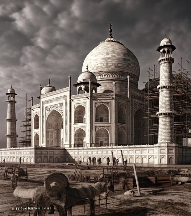 मिडजर्नी AI ने तयार केलेला कृष्णधवल फोटो ताजमहालचा मध्यभागाचा आहे. त्याच्या सभोवतालचे खांब बांधकामाधीन आहेत. जॉन मुल्लूर यांनी आश्चर्यकारक फोटोंच्या सेटद्वारे स्मारकाच्या बांधकामाच्या त्यांच्या कल्पनाशक्तीला मूर्त रुप दिलं आहे.