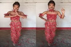 VIDEO - हाय हाय मिर्च! उर्फीला झणझणीत टक्कर; तरुणाने मिरच्यांचा ड्रेस घालताच...