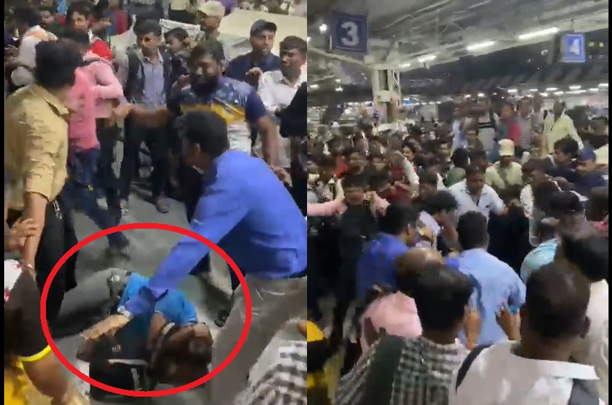 लोकलच्या दारात अडला, प्रवाशांनी लाथाबुक्क्यांनी तुडवला; दिवा स्टेशनवरचा VIDEO व्हायरल