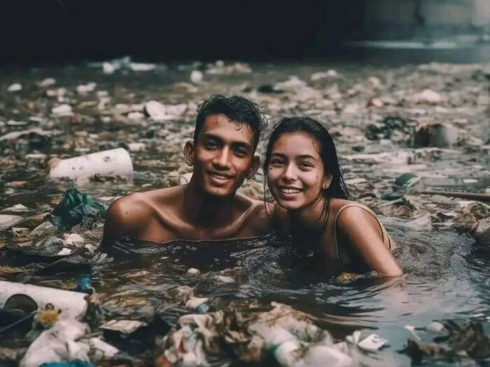 अस्वच्छ पाण्यात कचऱ्याच्या मध्ये त्यांनी हसत हसत आपले फोटो काढले आहेत. (फोटो: Twitter/@charsi050993)