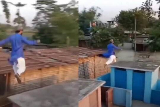 तरुणाचा पक्ष्यासारखा उडण्याचा प्रयत्न