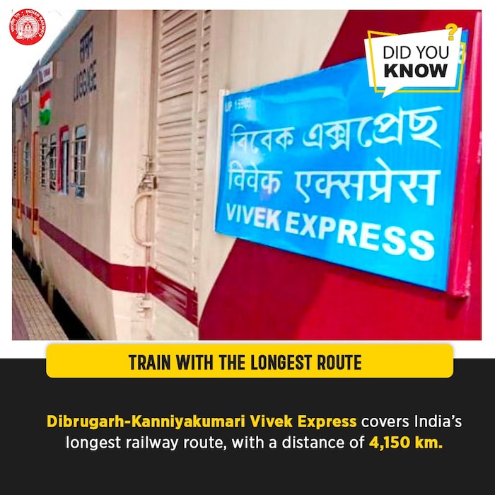 दिब्रुगढ ते कन्याकुमारी दरम्यान धावणारी विवेक एक्सप्रेस (ट्रेन क्र. 22504) 4150 किलोमीटर अंतर कापते. ही ट्रेन हा प्रवास 74:35 तासांत पूर्ण करते. यादरम्यान ती 9 राज्यांमधून जाते आणि 59 स्टेशनवर स्टॉप घेते.