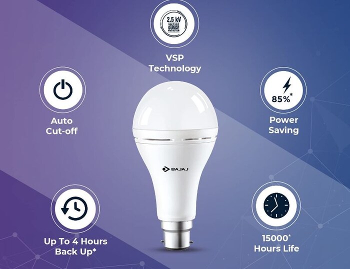 Bajaj LEDZ 9W Rechargeable Emergency Inverter LED Bulb:ग्राहक आता हा एलईडी बल्ब Amazon वरून 545 रुपयांना खरेदी करू शकतात. हा 9W चा बल्ब आहे. त्याची खास गोष्ट म्हणजे यामध्ये ग्राहकांना 4 तासांपर्यंत बॅटरी मिळणार आहे.