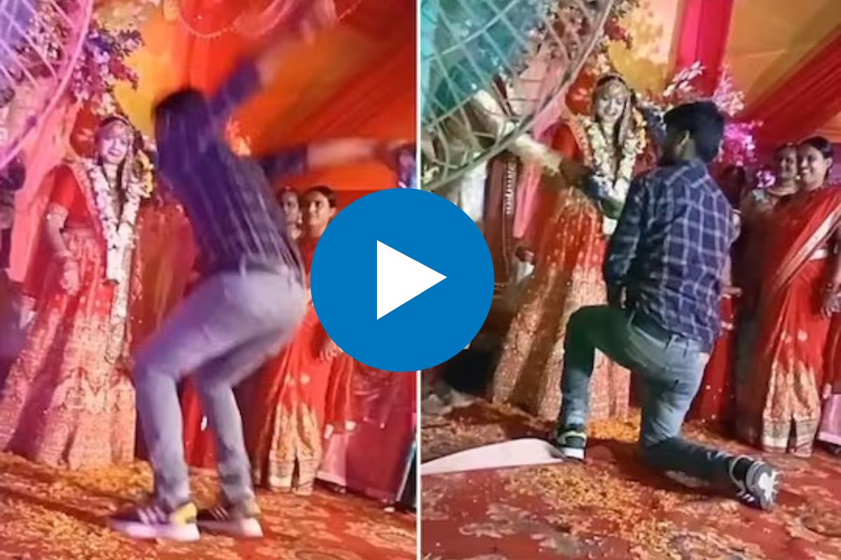 स्टेजवर वधू वराच्या समोर तरुणाचा स्टंट