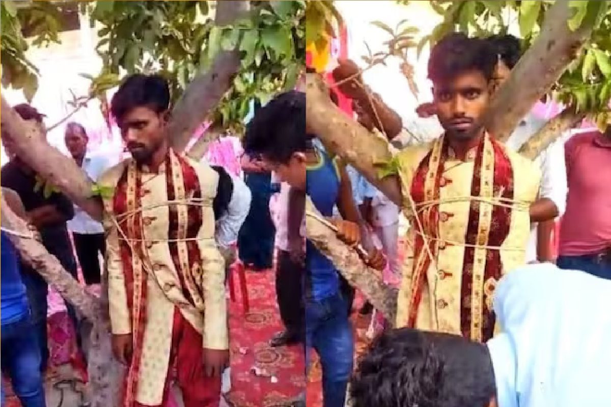 लग्नात नवरदेवाला बांधलं (फोटो - ट्विटर व्हिडीओ ग्रॅब)