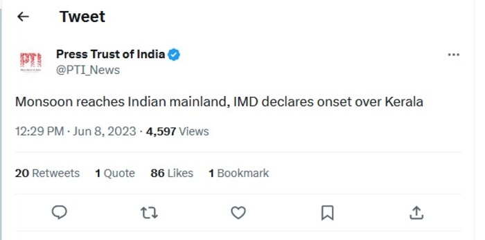  हवामान खात्यानं महत्त्वाची माहिती दिली आहे. 4 जूनला मान्सून केरळमध्ये येणार होता. मात्र एक आठवडा उशीर झाला आहे. आता महाराष्ट्रातही मान्सूनच्या पावसाची शेतकऱ्यांना थोडी प्रतीक्षा करावी लागू शकते.