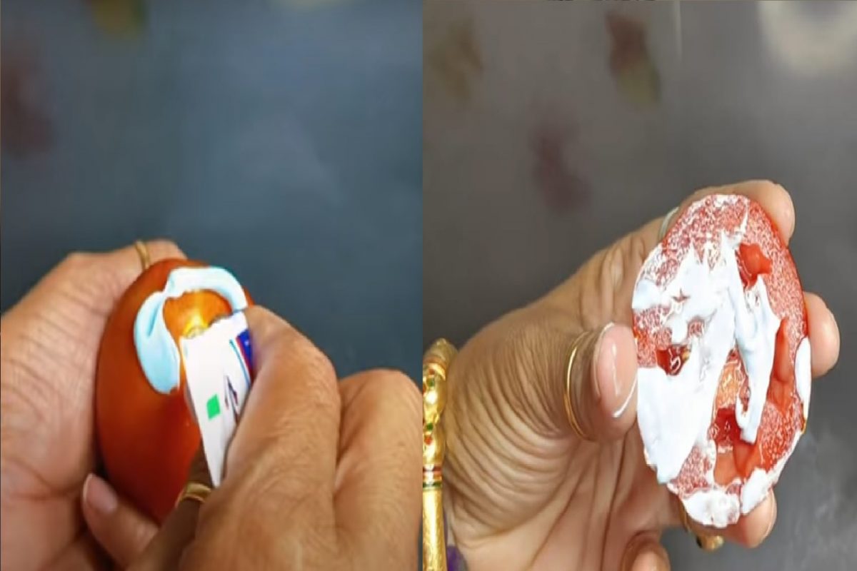 टोमॅटोवर टूथपेस्टची कमाल (फोटो - युट्यूब व्हिडीओ ग्रॅब)