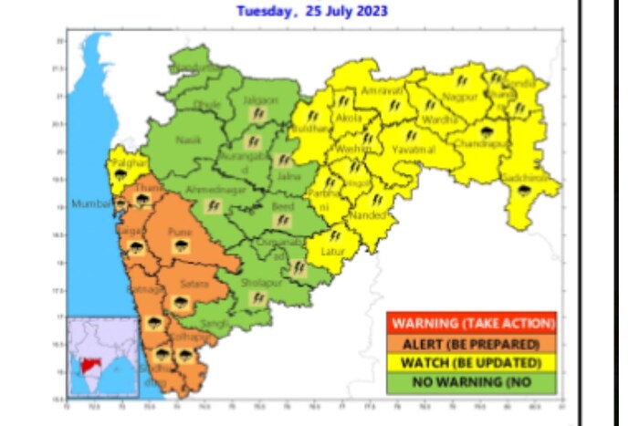 तर विदर्भातील सर्वच जिल्ह्यांमध्ये आज मुसळधार पावसाची शक्यता असून यलो अलर्ट देण्यात आला आहे. 