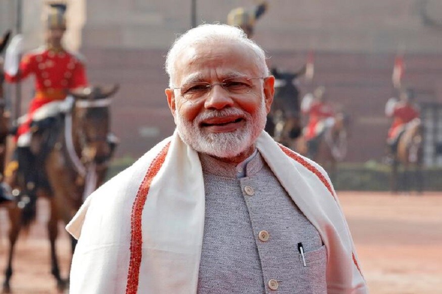 India's Prime Minister Narendra Modi poses after the ceremonial reception for South Africa's President Cyril Ramaphosa at the forecourt of India's Rashtrapati Bhavan Presidential Palace in New Delhi