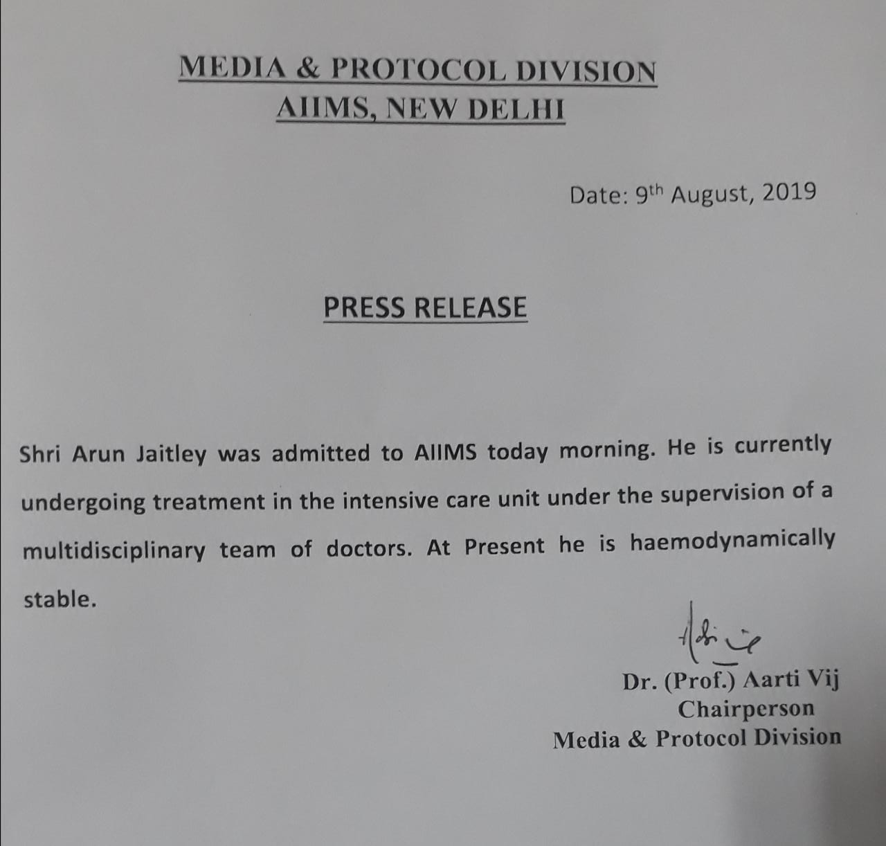 Arun Jaitley Health Bulletin of AIMS Hospital