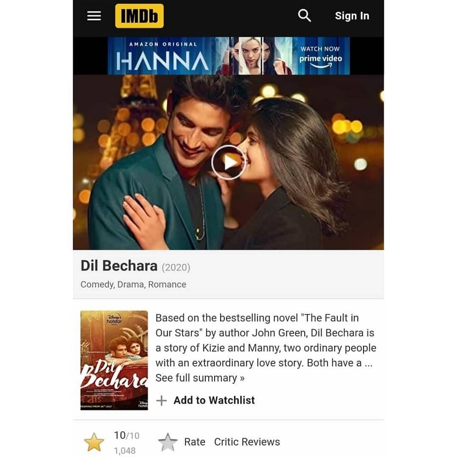 sushant singh rajputs last film dil bechara broke all records got 10 out of 10 in imdb rating