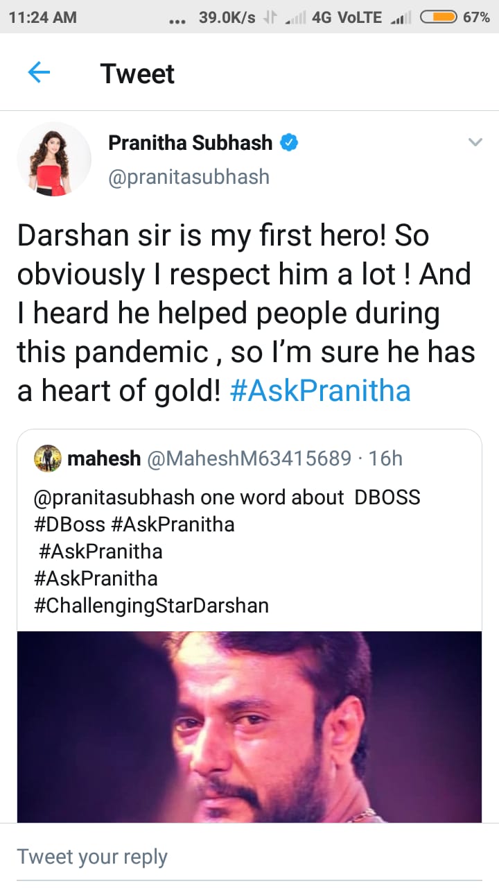 Actress Pranitha says Darshan has heart of gold