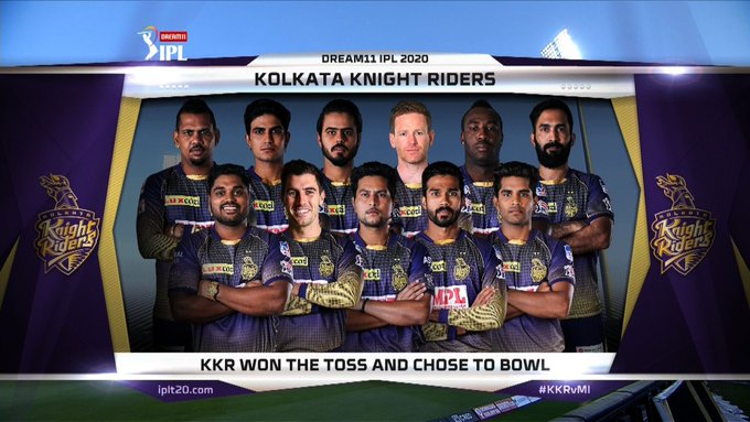  ಕೋಲ್ಕತಾ ನೈಟ್ ರೈಡರ್ಸ್: ಸುನಿಲ್ ನರೈನ್, ಶುಭ್​ಮನ್ ಗಿಲ್, ನಿತೀಶ್ ರಾಣಾ, ಇಯಾನ್ ಮೋರ್ಗಾನ್, ಆಂಡ್ರೆ ರಸ್ಸೆಲ್, ದಿನೇಶ್ ಕಾರ್ತಿಕ್ (ನಾಯಕ), ನಿಖಿಲ್ ನಾಯಕ್, ಪ್ಯಾಟ್ ಕಮ್ಮಿನ್ಸ್, ಕುಲದೀಪ್ ಯಾದವ್, ಸಂದೀಪ್ ವಾರಿಯರ್, ಶಿವಂ ಮಾವಿ