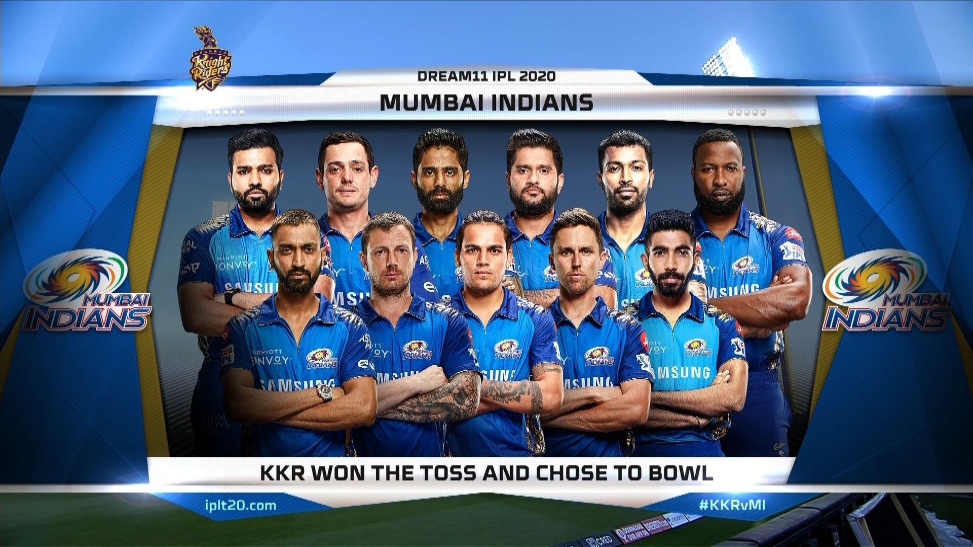  ಮುಂಬೈ ಇಂಡಿಯನ್ಸ್: ರೋಹಿತ್ ಶರ್ಮಾ (ನಾಯಕ), ಹಾರ್ದಿಕ್ ಪಾಂಡ್ಯ, ಜಸ್​ಪ್ರೀತ್ ಬುಮ್ರಾ, ಕ್ರುನಾಲ್ ಪಾಂಡ್ಯ, ಕ್ವಿಂಟನ್ ಡಿ ಕಾಕ್ (ವಿಕೆಟ್ ಕೀಪರ್), ರಾಹುಲ್ ಚಹರ್, ಸೂರ್ಯಕುಮಾರ್ ಯಾದವ್, ಟ್ರೆಂಟ್ ಬೌಲ್ಟ್ , ಕೀರನ್ ಪೊಲಾರ್ಡ್, ಸೌರವ್ ತಿವಾರಿ, ಪ್ಯಾಟಿನ್ಸನ್