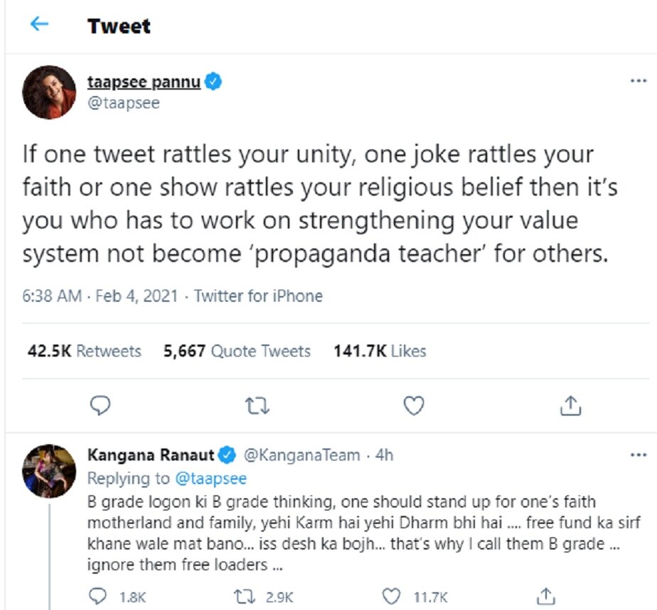 Kangana Ranaut, Kangana Ranaut befitting reply to Taapsee Pannu, Taapsee Pannu, Kangana Ranaut tweet, Social Media, Viral Tweet, news 18, Taapsee Pannu tweet on farmers protest, rihanna on farmers, Bollywood reaction on Rihanna, ಅಮೆರಿಕನ್ ಪಾಪ್ ಗಾಯಕಿ ರಿಹಾನ್ನಾ, ರಿಹಾನ್ನಾ ಟ್ವೀಟ್ಗೆ ಬಾಲಿವುಡ್ ಪ್ರತಿಕ್ರಿಯೆ, ರಾಷ್ಟ್ರವಿರೋಧಿಬಾಲಿವುಡ್, Kangana Ranaut has once again lashed out at Taapsee Pannu calling her a B grade actor ae