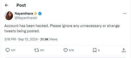 Nayanthara: ನಯನತಾರಾ ಟ್ವಿಟರ್ ಖಾತೆ ಹ್ಯಾಕ್! ಫಾಲೋವರ್ಸ್​ಗಾಗಿ ನಟಿಯ ವಿಶೇಷ ಮನವಿ! |  Actress Nayanthara Twitter Account has been Hacked – News18 ಕನ್ನಡ