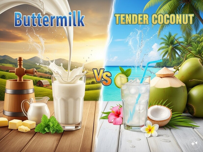  ಅದರಲ್ಲೂ ಹೆಚ್ಚು ಸಕ್ಕರೆ ಬೆರೆಸದೇ ಇರುವುದು ಪಾನೀಯಗಳನ್ನು ಆಯ್ಕೆ ಮಾಡುವುದು ಮುಖ್ಯ. ಅದರಲ್ಲಿಯೂ ಎಳನೀರು ಮತ್ತು ಮಜ್ಜಿಗೆ ಆಯ್ಕೆಗಳಾಗಿವೆ. ಎಳನೀರು ಮತ್ತು ಮಜ್ಜಿಗೆ ಈ ಎರಡು ಪಾನೀಯಗಳು ವಿಭಿನ್ನ ಪೋಷಕಾಂಶಗಳನ್ನು ಹೊಂದಿರುವುದರಿಂದ, ಇವೆರಡರ ಪ್ರಯೋಜನಗಳು ಸಹ ಕೊಂಚ ವಿಭಿನ್ನವಾಗಿರುತ್ತದೆ. ಹಾಗಾದ್ರೆ ಈ ಎರಡರಲ್ಲಿ ಯಾವುದು ಉತ್ತಮ ಆಯ್ಕೆ ಎಂದು ನೋಡೋಣ ಬನ್ನಿ.