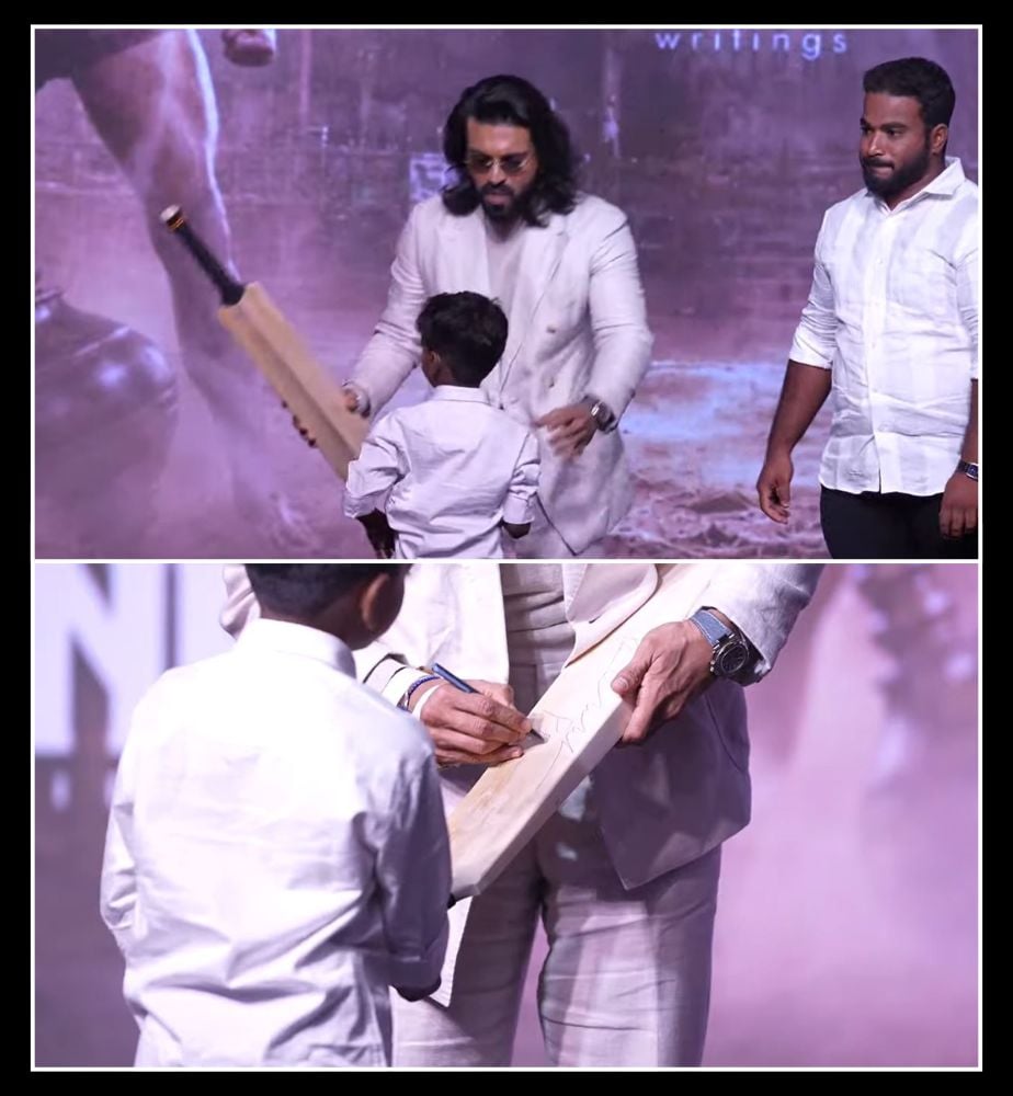 ram charan gifted bat to little fan at bengaluru peddi promotional event