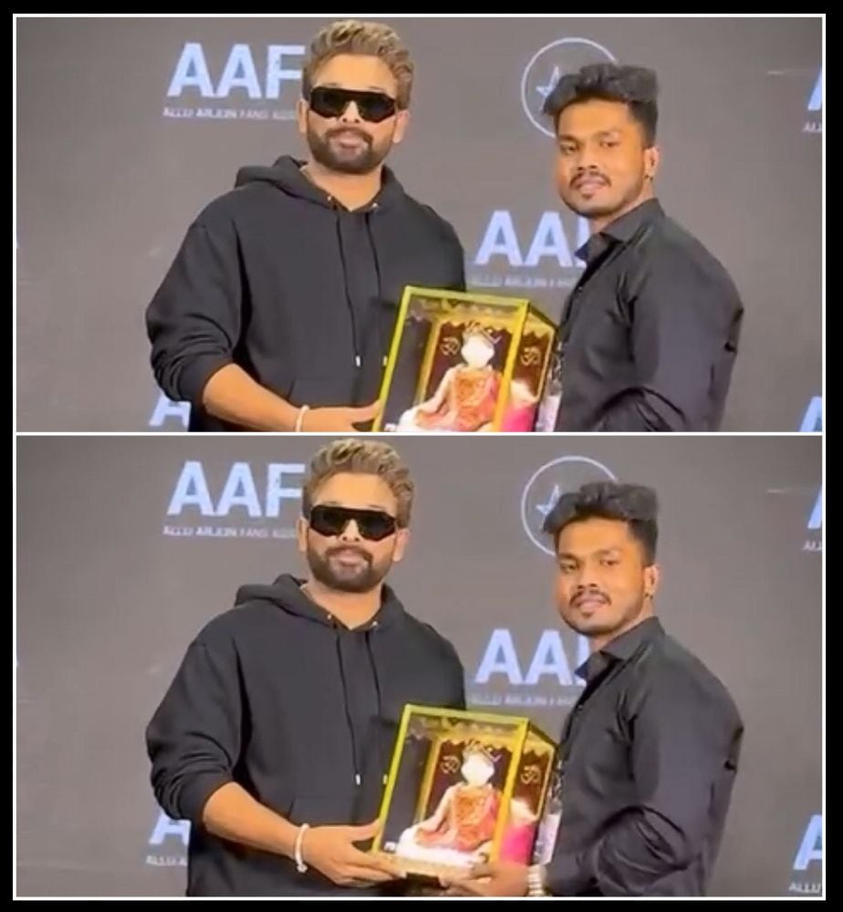 Allu Arjun fan gifted a Sri Siddharoodha Swamy idol at the Hyderabad fan meet