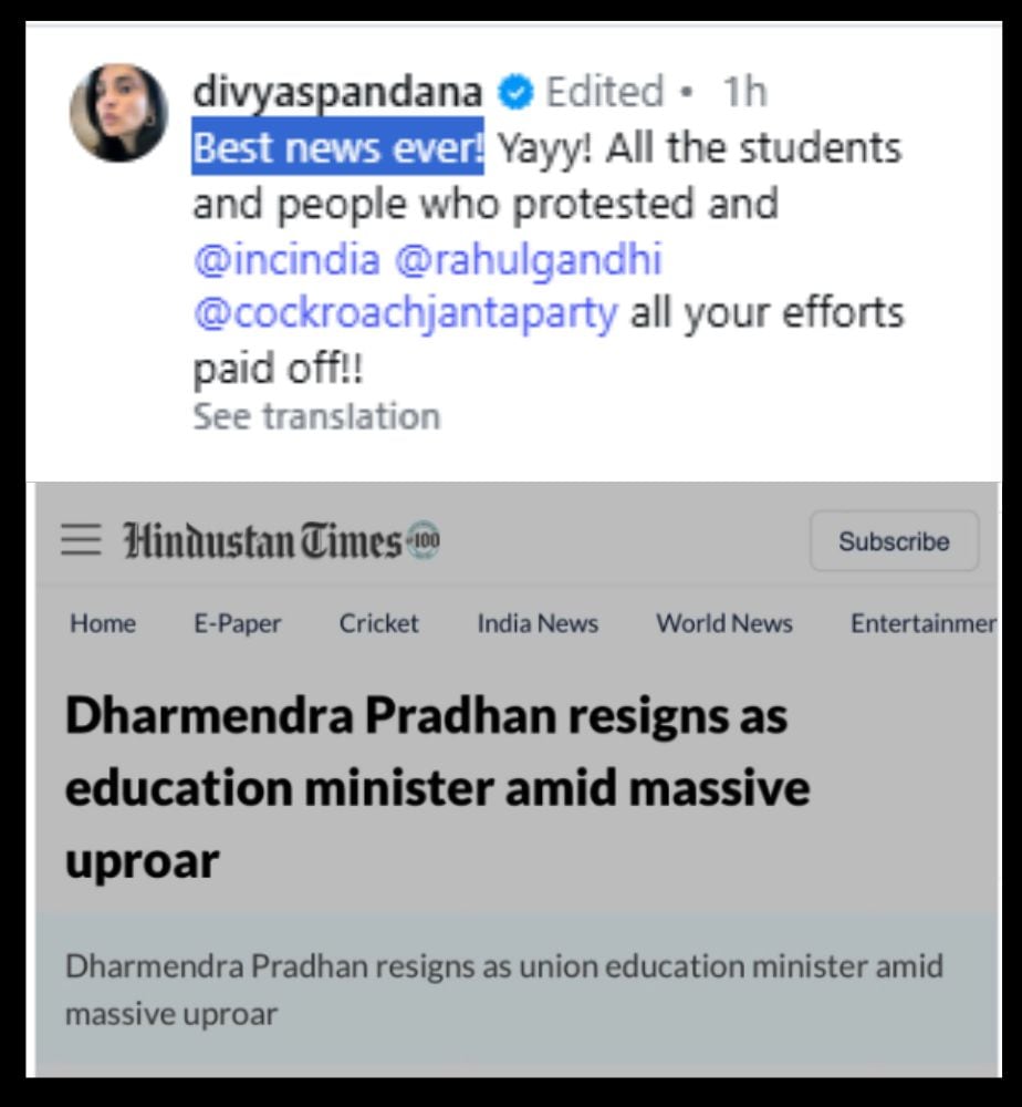 actress ramya instagram post best news ever dharmendra pradhan resignation