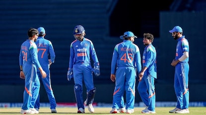 Thiruvananthapuram: India's Kuldeep Yadav, second right, with teammates celebrates after taking the wicket of West Indies captain Shai Hope during the first One Day International (ODI) cricket match b Thiruvananthapuram: India's Kuldeep Yadav, second right, with teammates celebrates after taking the wicket of West Indies captain Shai Hope during the first One Day International (ODI) cricket match b
