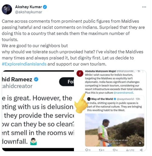  "മാലിദ്വീപിൽ നിന്നുള്ള പ്രമുഖ വ്യക്തികളിൽ നിന്ന് ഇന്ത്യക്കാരെ വിദ്വേഷകരവും വംശീയവുമായ അഭിപ്രായങ്ങൾ കടന്നുപോയി. അവർക്ക് പരമാവധി വിനോദസഞ്ചാരികളെ അയയ്ക്കുന്ന ഒരു രാജ്യത്തോടാണ് അവർ ഇത് ചെയ്യുന്നത് എന്നുള്ളത് ആശ്ചര്യപ്പെടുത്തുന്നു. ഞങ്ങൾ നമ്മുടെ അയൽക്കാരോട് നല്ലവരാണ്, പക്ഷേ ഞങ്ങൾ എന്ത് വേണം. അത്തരം പ്രകോപനമില്ലാത്ത വിദ്വേഷം സഹിക്കണോ? ഞാൻ മാലിദ്വീപ് പലതവണ സന്ദർശിച്ചിട്ടുണ്ട്, എല്ലായ്പ്പോഴും അതിനെ പുകഴ്ത്തിയിട്ടുണ്ട്, എന്നാൽ അന്തസ്സാണ് ആദ്യം. നമുക്ക് എന്ന് തീരുമാനിക്കാം, നമ്മുടെ സ്വന്തം ടൂറിസത്തെ പിന്തുണയ്ക്കാം.", അക്ഷയ് കുമാർ കുറിച്ചു.