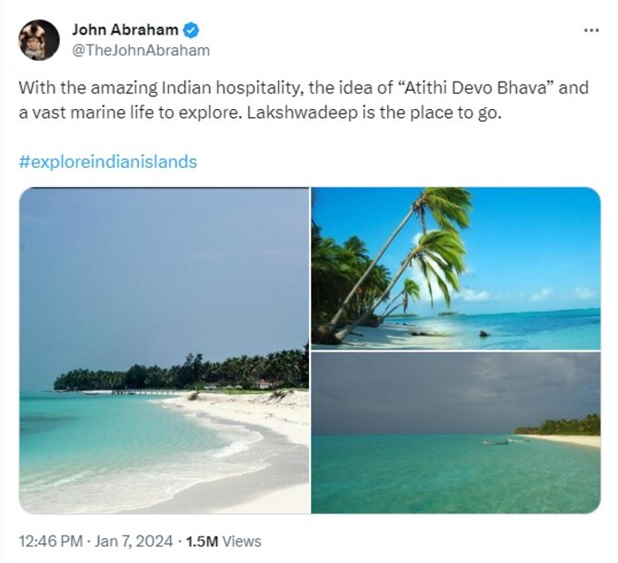  "ലക്ഷ്വദീപ് പോകേണ്ട സ്ഥലമാണ്" എന്ന് പറഞ്ഞുകൊണ്ട് ജോൺ എബ്രഹാം ബീച്ചുകളുടെ അതിശയിപ്പിക്കുന്ന ചിത്രങ്ങളും പങ്കിട്ടു.