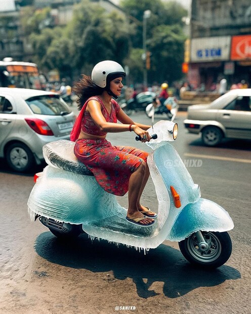  എന്നാല്‍ ഇതില്‍ നിന്നും വ്യത്യസ്തമായി ചൂടുകാലത്തിന്റെ തീവ്രത വിളിച്ചോതുന്ന സൃഷ്ടികളുമായി രംഗത്തെത്തിയിരിക്കുകയാണ് ഒരു ആര്‍ട്ടിഫിഷ്യല്‍ ഇന്റലിജന്‍സ് കലാകാരന്‍.(Pic credits: Instagram/Sahixd)