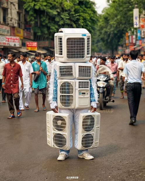  ഐസ് നിറച്ച ഹെല്‍മറ്റ് ധരിക്കുന്ന ആളുകള്‍, ഐസില്‍ നിര്‍മ്മിച്ച സ്‌കൂട്ടര്‍, സോഫ എന്നിവയുപയോഗിക്കുന്നവര്‍, ശരീരത്തില്‍ എസിയും ഫാനും ഘടിപ്പിച്ച് ജോലി ചെയ്യുന്ന സാധാരണക്കാര്‍, എന്നീ ചിത്രങ്ങളാണ് ഇപ്പോള്‍ സോഷ്യല്‍ മീഡിയയില്‍ വൈറലായി ഷെയര്‍ ചെയ്തുകൊണ്ടിരിക്കുന്നത്.(Pic credits: Instagram/Sahixd)