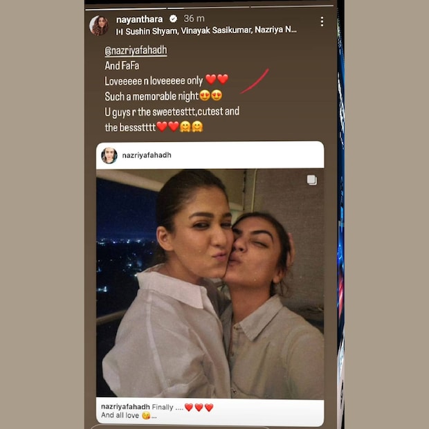 ലവ് ആൻഡ് ലവ് ഒൺലി എന്നാണ് നയൻ‌താര ഈ കൂടിക്കാഴ്ചയെ വിശേഷിപ്പിച്ചത്. സ്വീറ്റസ്റ്റ്, ക്യൂട്ടസ്റ്റ്, ബെസ്റ്റ് എന്നാണ് നസ്രിയയെയും ഫഹദിനെയും നയൻ‌താര വിളിച്ചത് 
