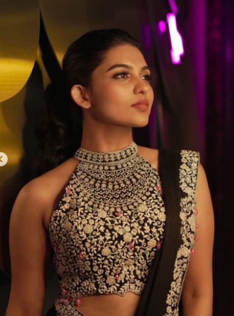  ജോബിന വിൻസന്റാണ് മമിതയ്ക്കായി ഈ സാരി സ്റ്റൈൽ ചെയ്തിട്ടുള്ളത്. 'തുന്നൽ' ഡിസൈനർ ബോട്ടിക്കിൻ്റെ പ്രീപ്ലീറ്റഡ് ആയിട്ടുള്ള ബ്ലാക്ക് എംബ്രോയിഡറി സാരിയാണ് അവാർഡ് നൈറ്റിൽ മമിത ധരിച്ചിരുന്നത്.