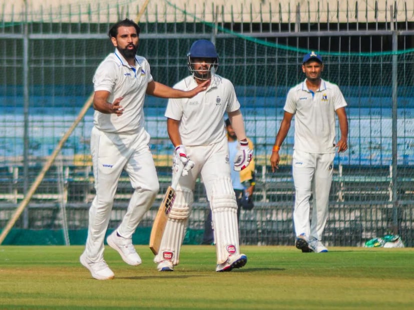 പത്താമനായി ക്രീസിലെത്തിയ ഷമി, ഒൻപതാം വിക്കറ്റിൽ സുരാജ് സിന്ധു ജയ്സ്വാളിനൊപ്പം 26 പന്തിൽ കൂട്ടിച്ചേർത്തത് 18 റൺസ്. പിന്നാലെ മുഹമ്മദ് കൈഫിനെ കൂട്ടുപിടിച്ച് പത്താം വിക്കറ്റിൽ 41 പന്തിൽ 39 റൺസ് കൂടി കൂട്ടിച്ചേർത്തതോടെയാണ് മധ്യപ്രദേശിനു മുന്നിൽ 338 റൺസ് വിജയലക്ഷ്യം ഉയർന്നത്. (PTI)