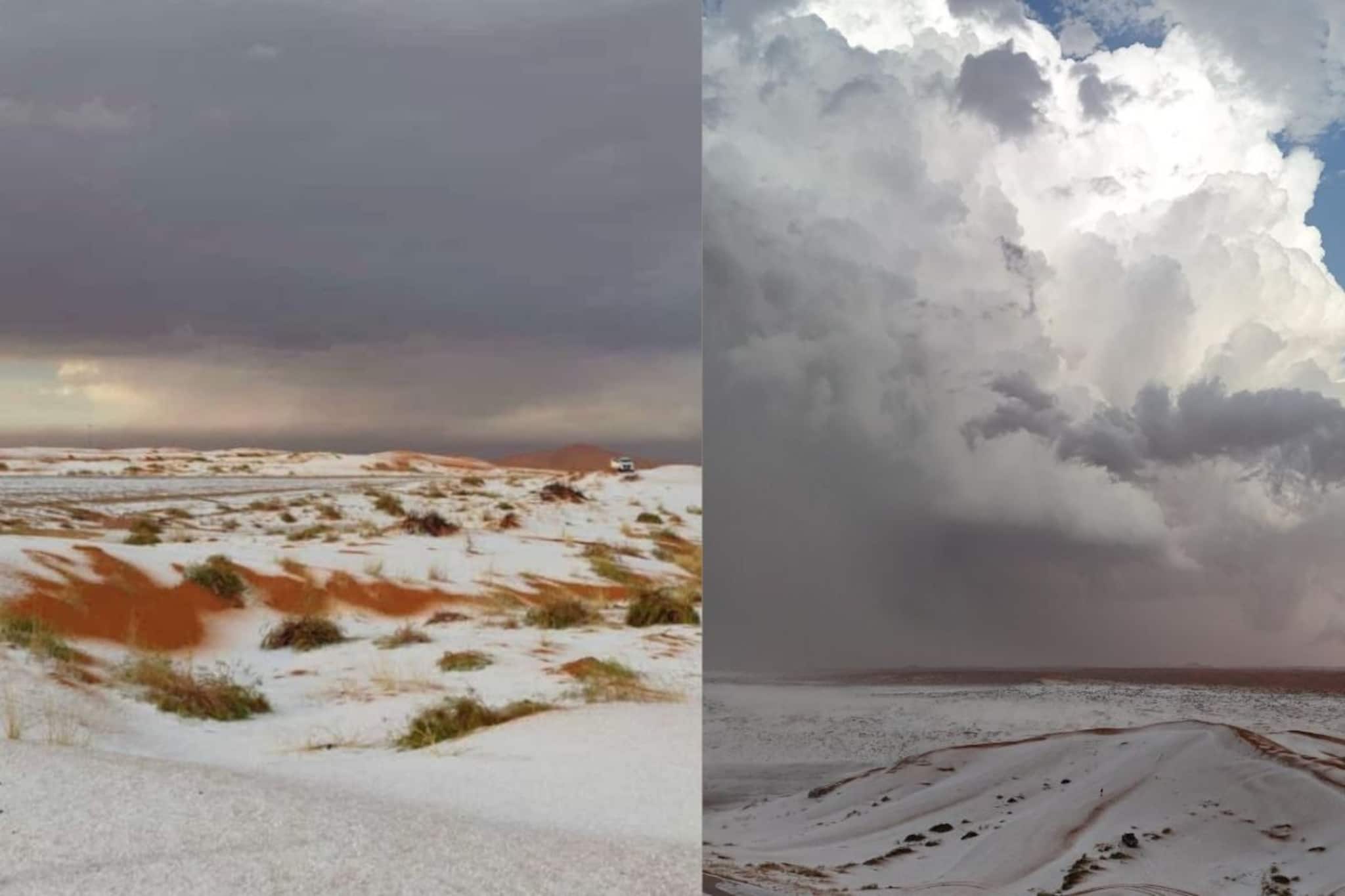 Saudi Arabian desert snowfall:വെള്ളപ്പരവതാനി പുതച്ച് അറേബ്യന്‍ മരുഭൂമി; ചരിത്രത്തിലാദ്യമായി സൗദിയിലെ മരുഭൂമിയിൽ മഞ്ഞുവീഴ്ച്ച